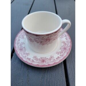 Christmas Tea Cup and Saucer, Staffordshire Yuletide Engravings Red